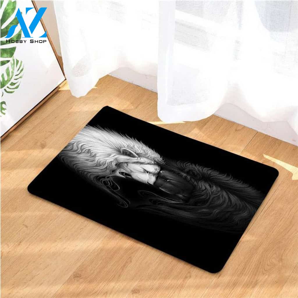 lion white black wallpaper doormats