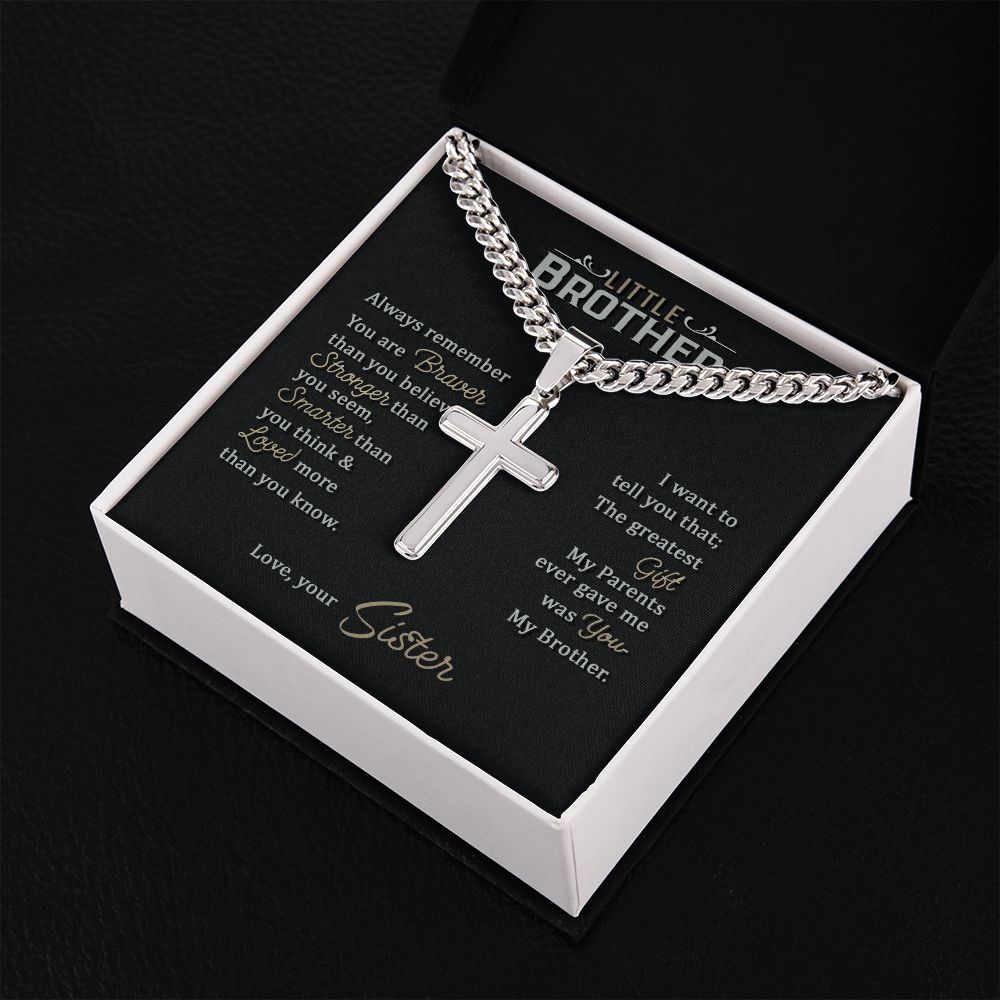 Little Brother love your lord with all your strength Personalized Cross Necklace with Cuban Chain