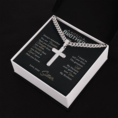 Little Brother love your lord with all your strength Personalized Cross Necklace with Cuban Chain