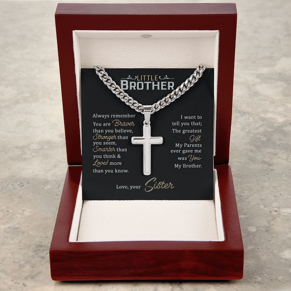 Little Brother love your lord with all your strength Personalized Cross Necklace with Cuban Chain