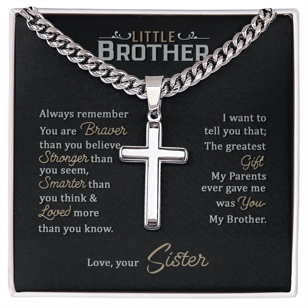 Little Brother love your lord with all your strength Personalized Cross Necklace with Cuban Chain