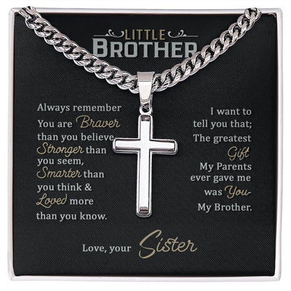 Little Brother love your lord with all your strength Personalized Cross Necklace with Cuban Chain