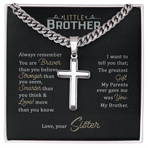 Little Brother love your lord with all your strength Personalized Cross Necklace with Cuban Chain