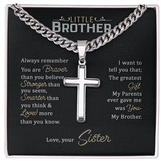 Little Brother love your lord with all your strength Personalized Cross Necklace with Cuban Chain