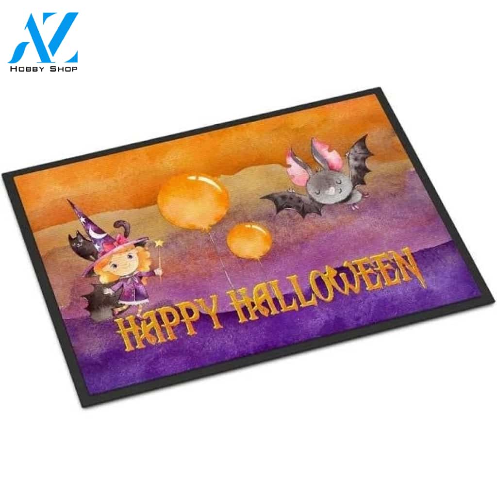 Little Witch and Bat Happy Halloween Doormat Indoor and Outdoor Mat Entrance Rug Funny Home Decor Closing Gift Gift for Friend Idea