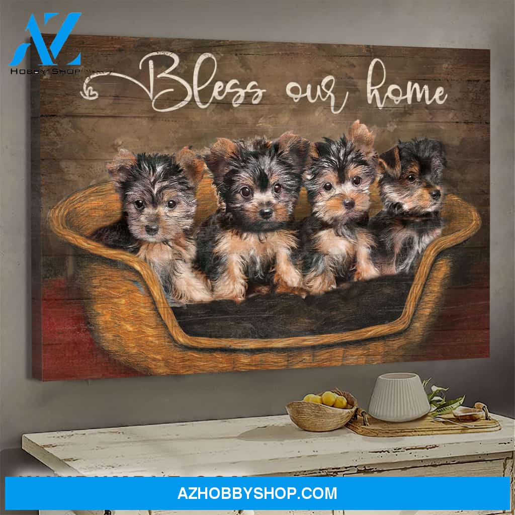 Little Yorkshire Terriers - Bless our home - Dogs Landscape Canvas Prints, Wall Art