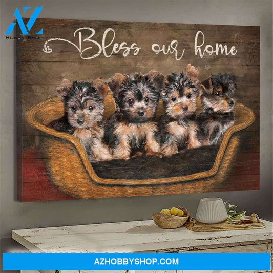 Little Yorkshire Terriers - Bless our home - Dogs Landscape Canvas Prints, Wall Art