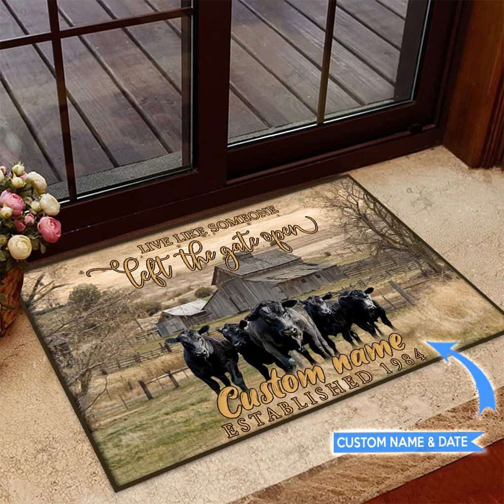 Live Like Someone Left The Gate Openangus Cow Personalized Custom Name Doormat Welcome Mat