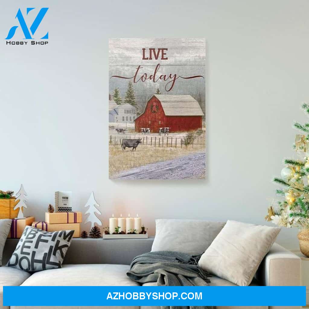 Live Today Farmhouse Cow Christmas Canvas - Wall Decor Visual Art