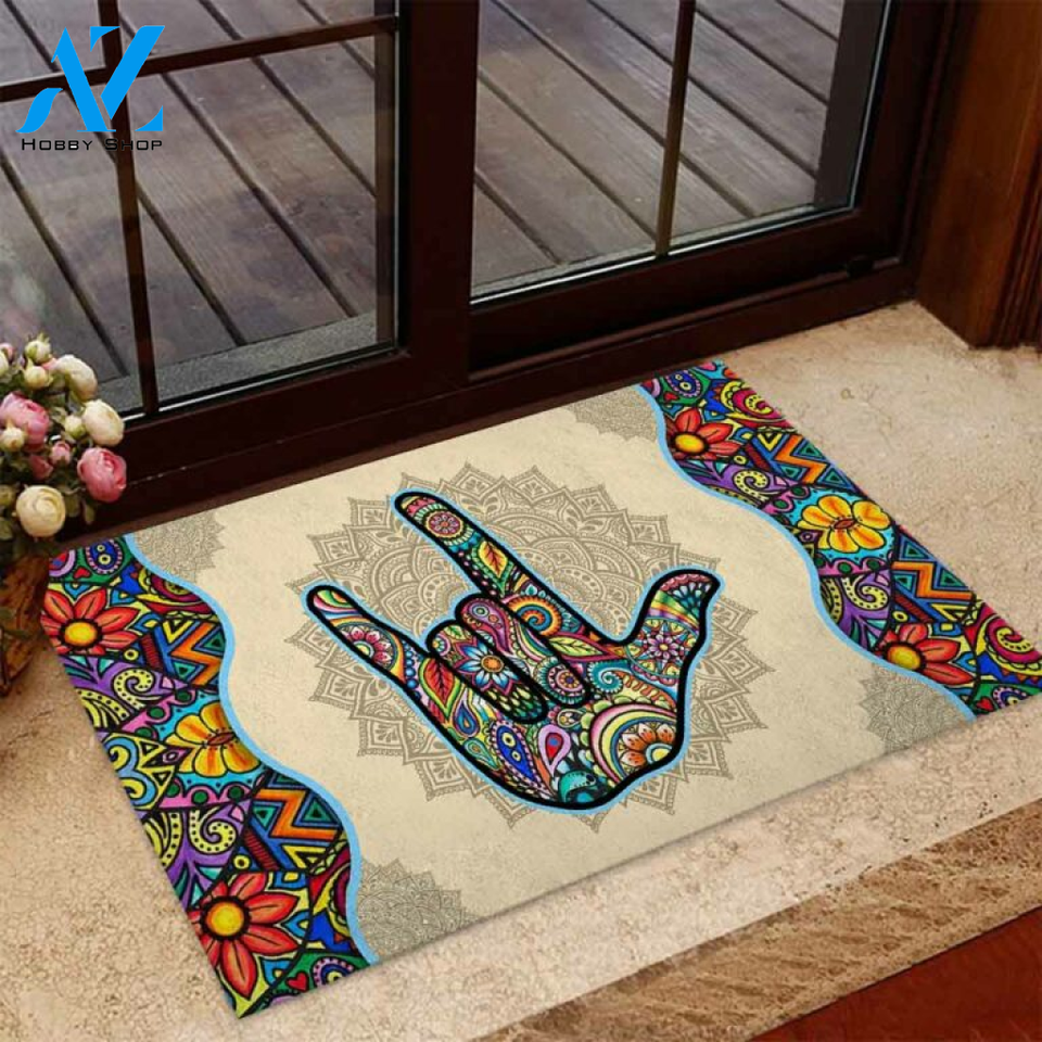 Love American Sign Language Colorful Mandala Doormat | Welcome Mat | House Warming Gift