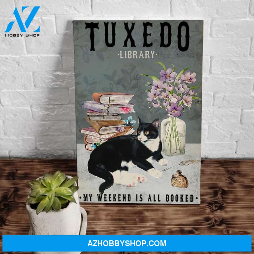 Love Cat Canvas, Cat Love Reading Books Wall Art Canvas, Tuxedo Library My Weekend Is All Booked Vintage Canvas