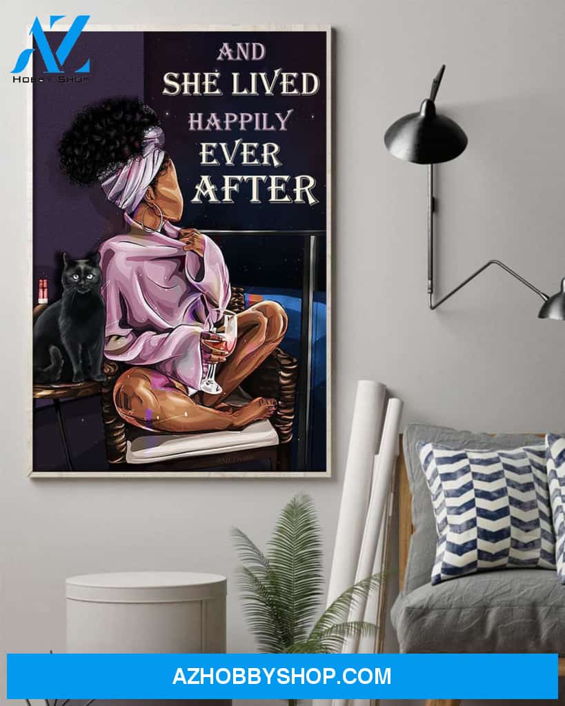 Love Cat Poster, Afro Girl Drinking Wine Poster, And She Lived Happily Ever After Canvas And Poster, Wall Decor Visual Art