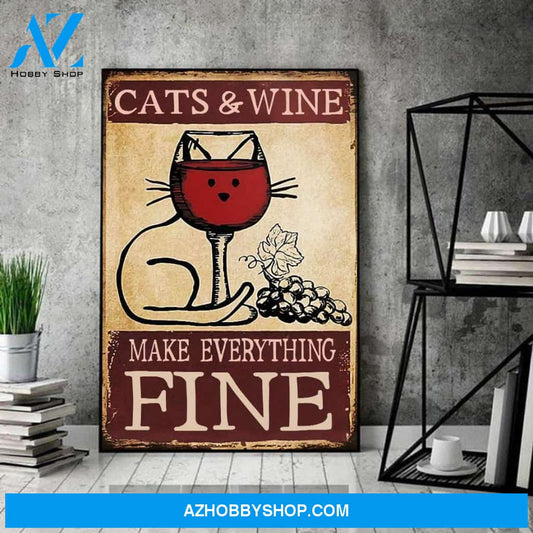 Love Cat Poster, Cat and Wine Make Everything Fine Canvas And Poster, Wall Decor Visual Art