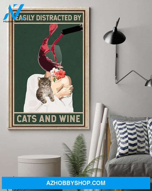 Love Cat Poster, Easily Distracted By Cat And Wine Canvas And Poster, Wall Decor Visual Art