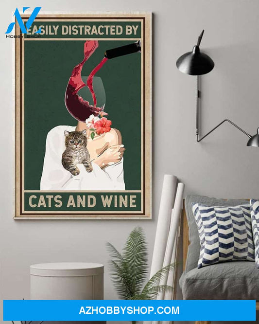 Love Cat Poster, Easily Distracted By Cat And Wine Canvas And Poster, Wall Decor Visual Art
