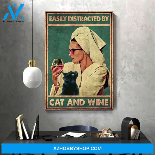 Love Cat Poster, Easily Distracted By Cat And Wine Poster, Girl Drinking Wine Canvas And Poster, Wall Decor Visual Art