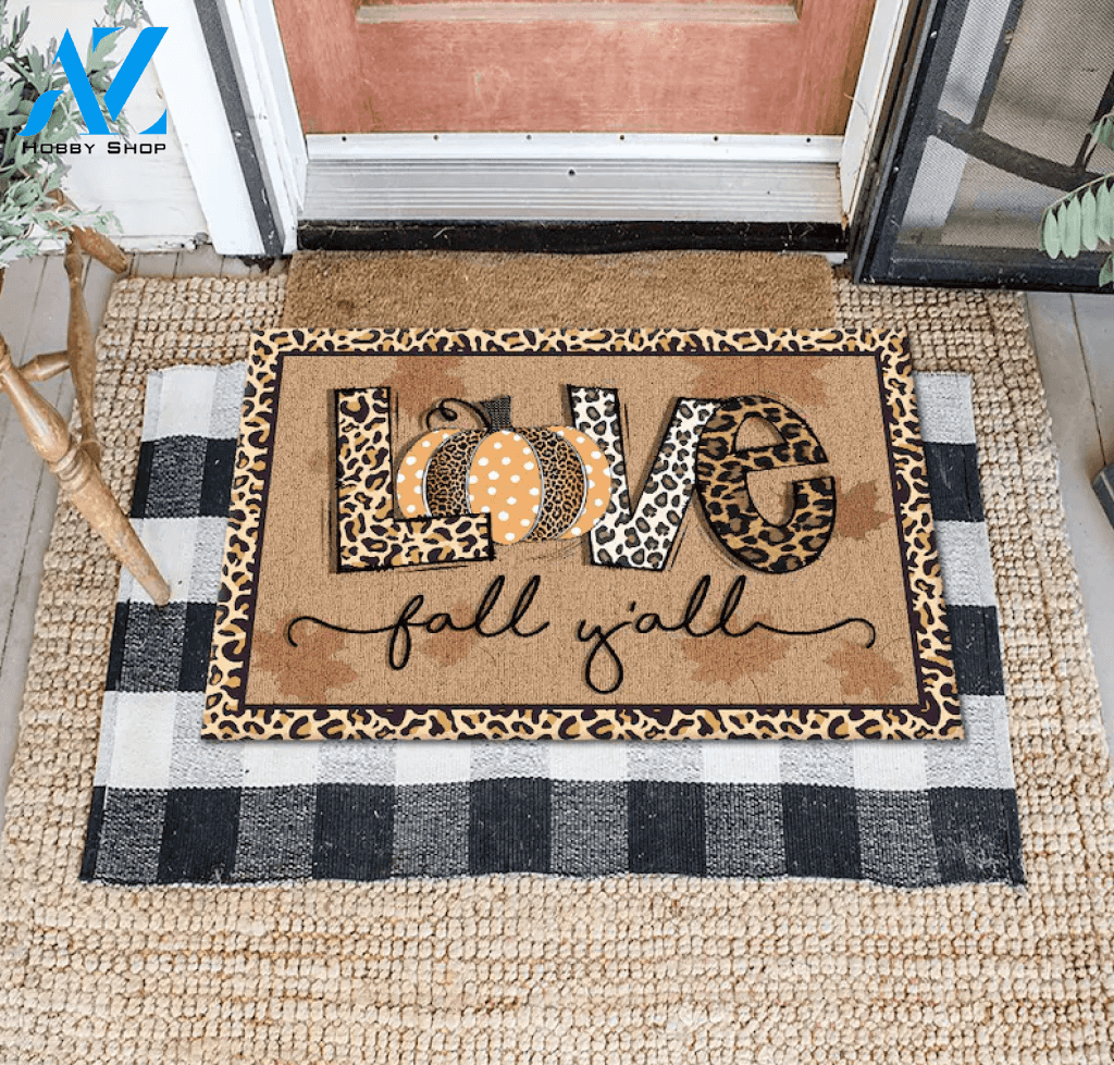 Love Fall Y'All Doormat, Fall Welcome Mat, Leopard Print Pumpkin Doormat, Thanksgiving Doormat Gift For Friend Family Decor Warm House Gift Welcome Mat