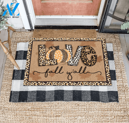 Love Fall Y'All Doormat, Fall Welcome Mat, Leopard Print Pumpkin Doormat, Thanksgiving Doormat Gift For Friend Family Decor Warm House Gift Welcome Mat