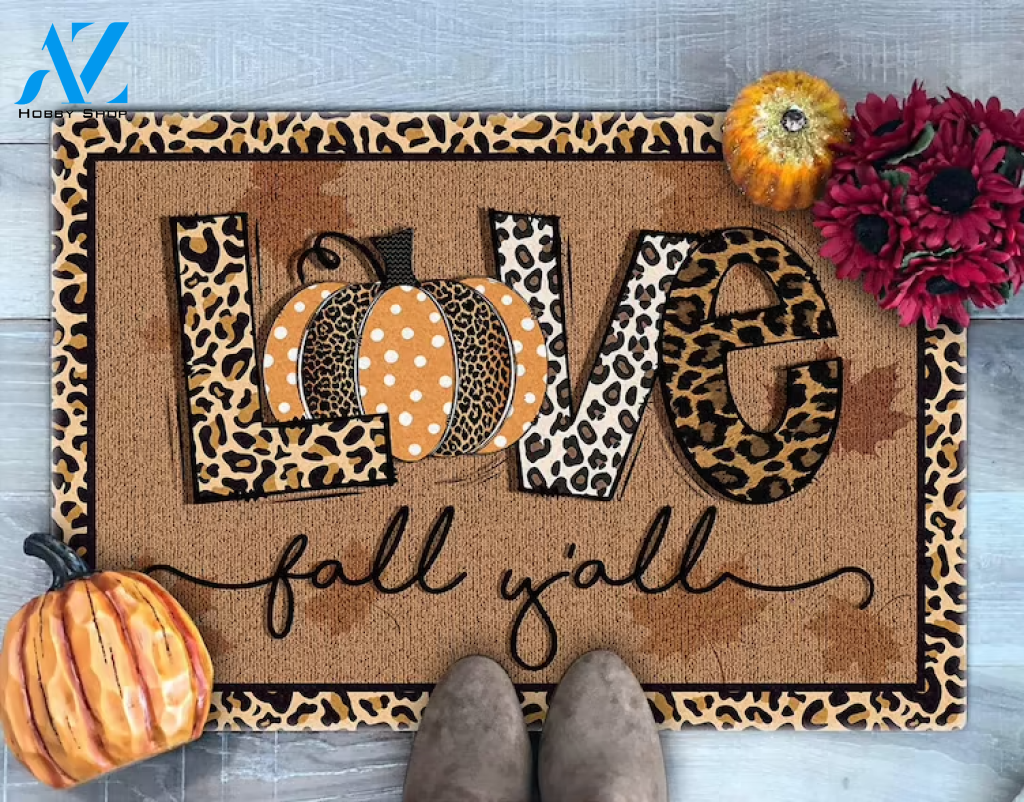 Love Fall Y'All Doormat, Fall Welcome Mat, Leopard Print Pumpkin Doormat, Thanksgiving Doormat Gift For Friend Family Decor Warm House Gift Welcome Mat