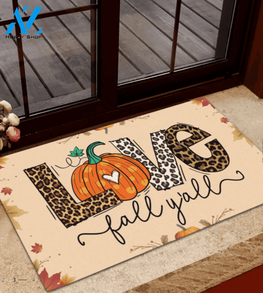 Love Fall You All Doormat, Pumpkin Doormat, Leopard Love Print, Gift For Fall Lovers, Gift For Thanksgiving Christmas Decor Warm House Gift