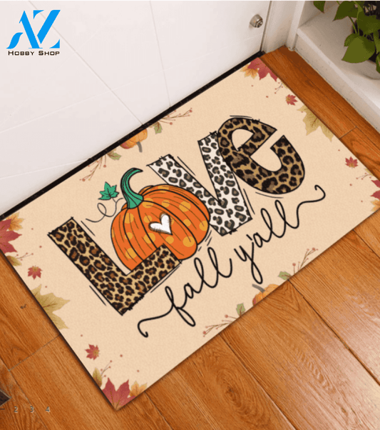 Love Fall You All Doormat, Pumpkin Doormat, Leopard Love Print, Gift For Fall Lovers, Gift For Thanksgiving Christmas Decor Warm House Gift