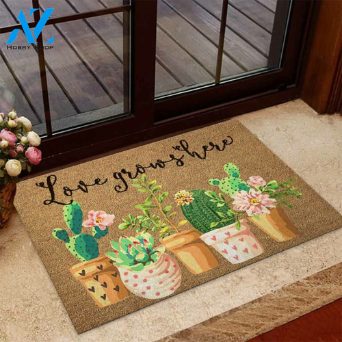 Love Grows Here Cactus Coir Pattern Print Doormat | Welcome Mat | House Warming Gift