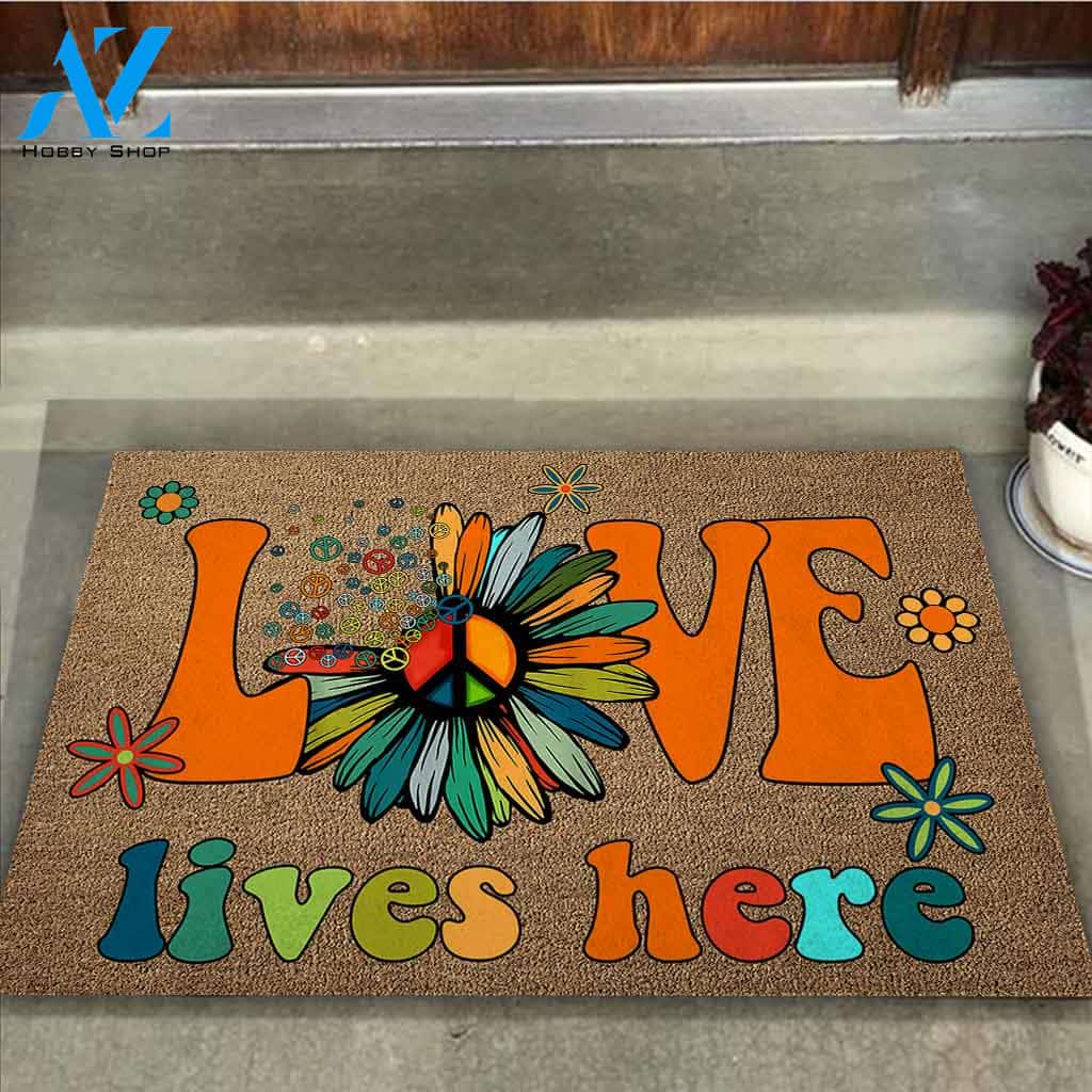Love Hippie Lives Here Doormat Welcome Mat Housewarming Gift Home Decor Funny Doormat Gift Idea For Friend Gift For Family