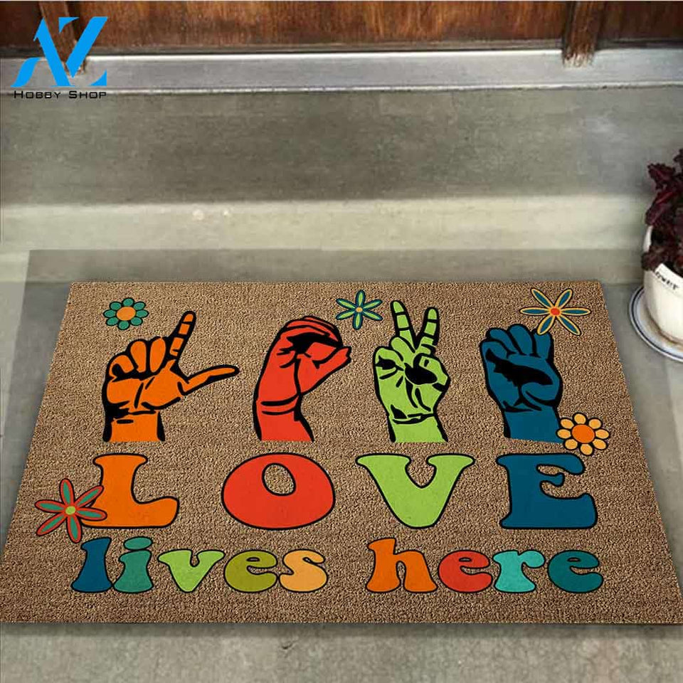 Love Lives Here - American Sign Language Coir Pattern Print Doormat