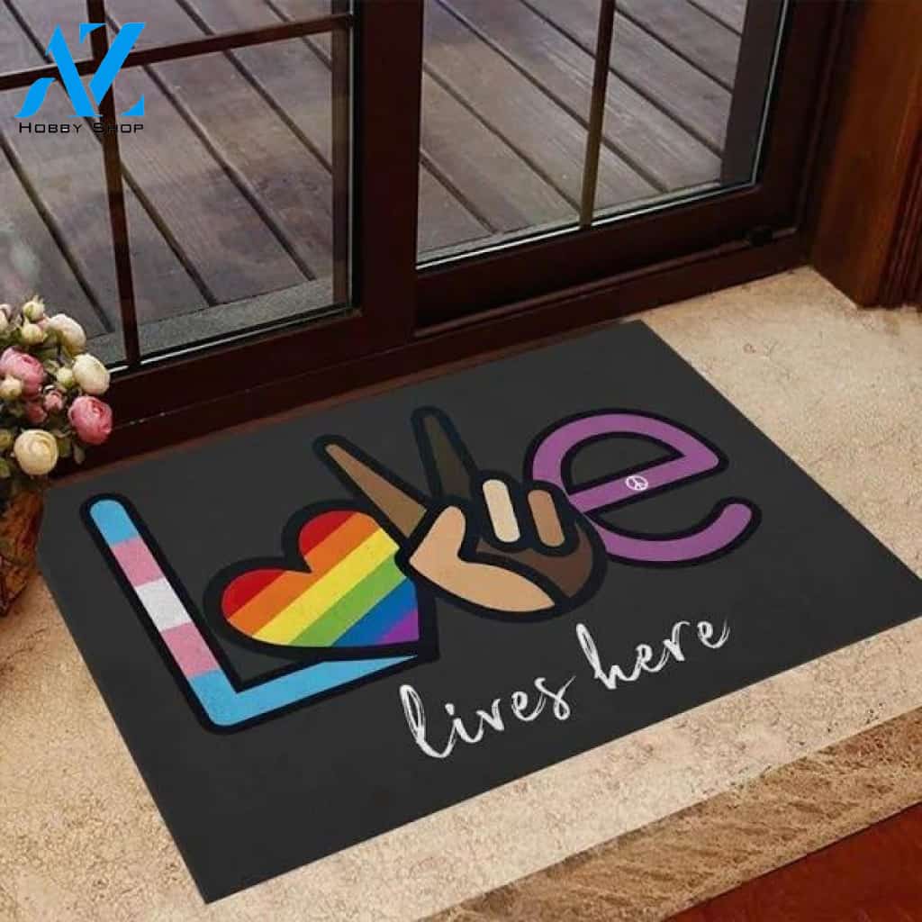 Love Lives Here LGBT Doormat Welcome Mat Housewarming Gift Home Decor Funny Doormat Best Gift Idea For Friend Gift For Family Birthday Gift
