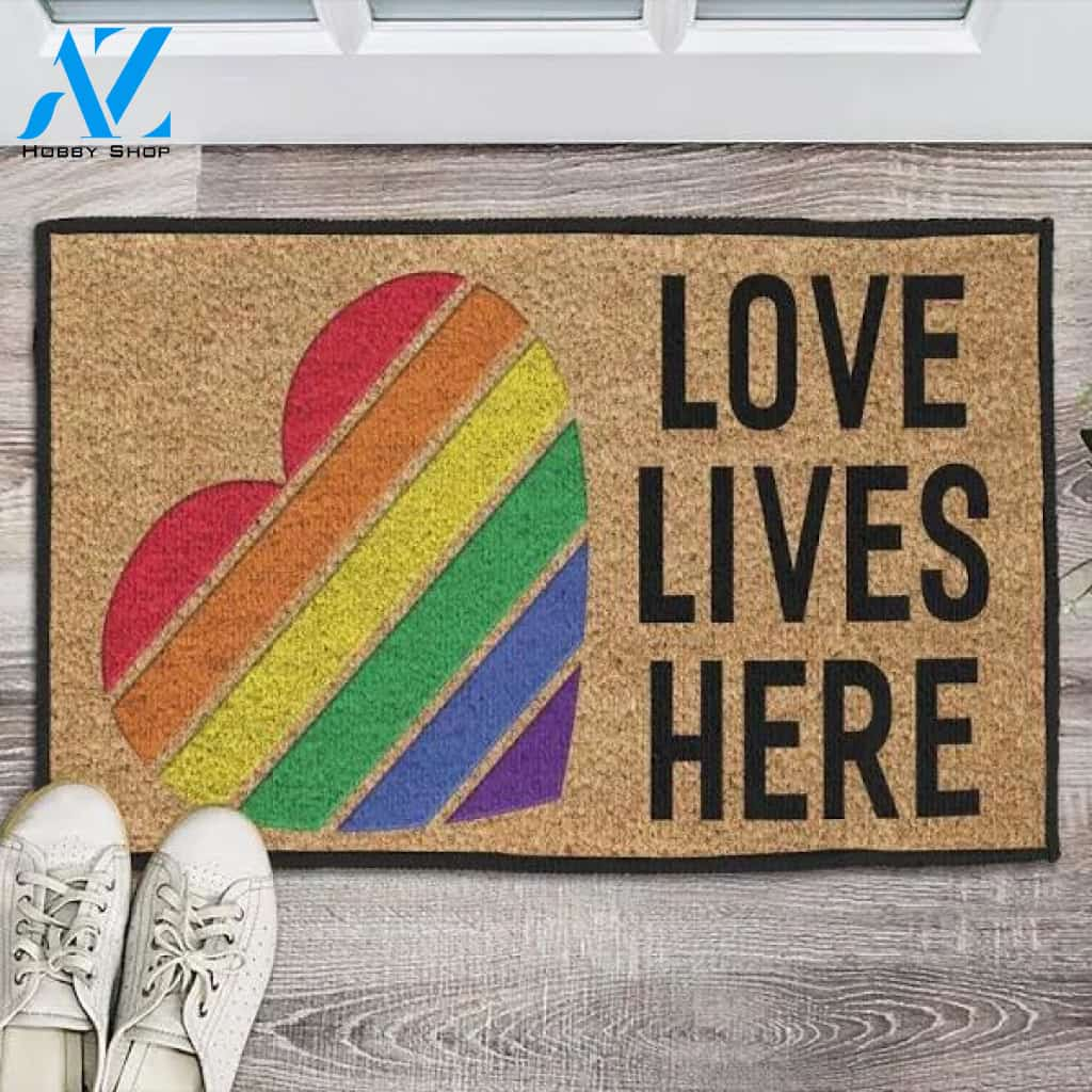 Love Lives Here LGBT Heart Doormat, LGBT Couple Doormat, Front Door Mat, Wedding Gift, gift for Couple