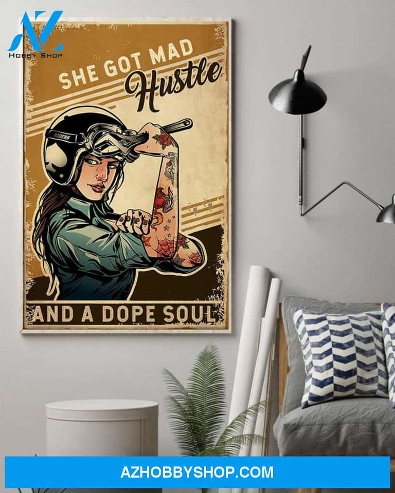 Love Motorcycle Poster, Biker Rider Motorbike, She Got Mad Hustle And A Dope Soul Canvas And Poster, Wall Decor Visual Art