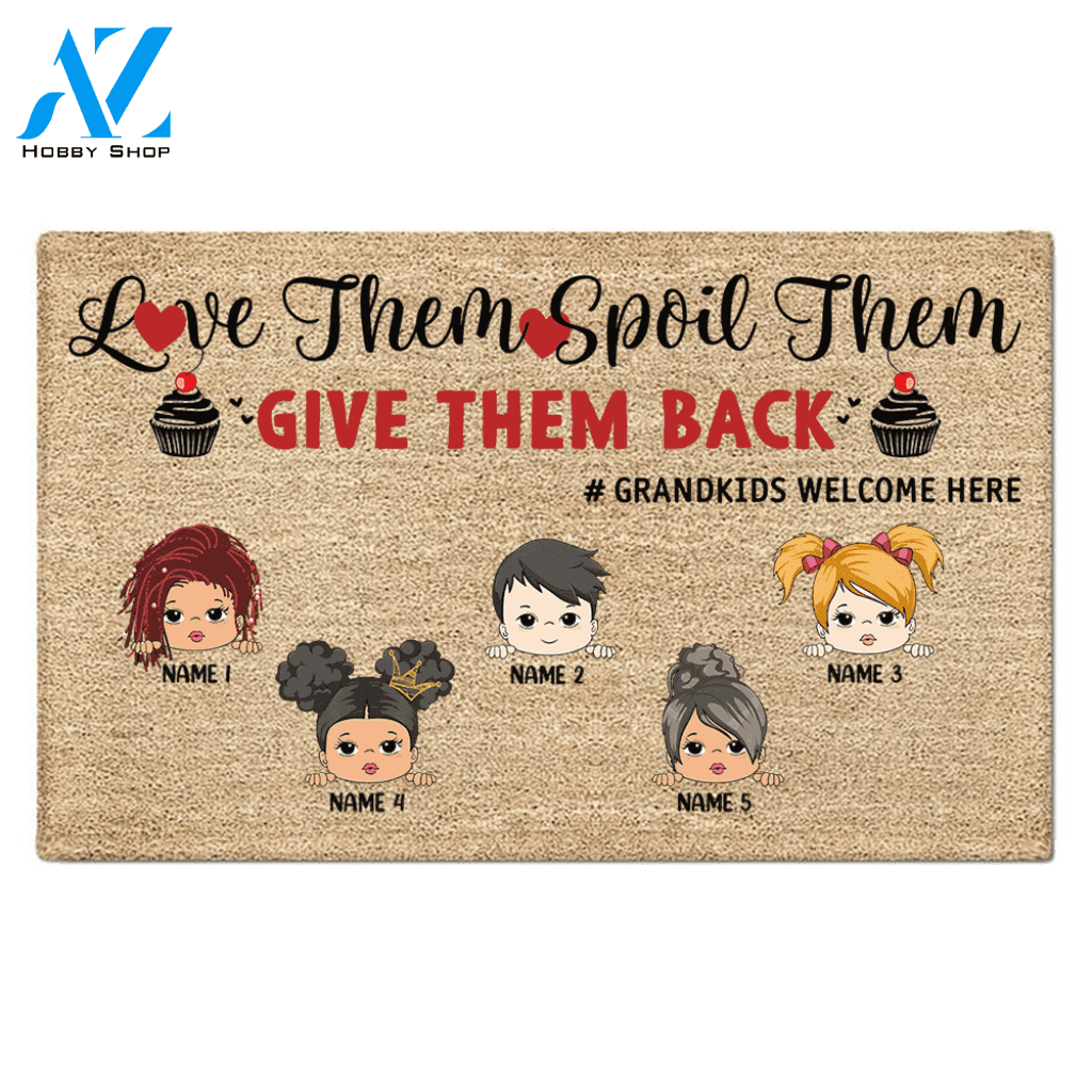 Love Them Spoil Them Give Them Back Personalized Doormat For Grandparents, Hashtag and Grandkid's Hair, Skin Can Be Changed - LOQN HN98