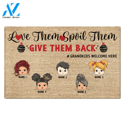Love Them Spoil Them Give Them Back Personalized Doormat For Grandparents, Hashtag and Grandkid's Hair, Skin Can Be Changed - LOQN HN98