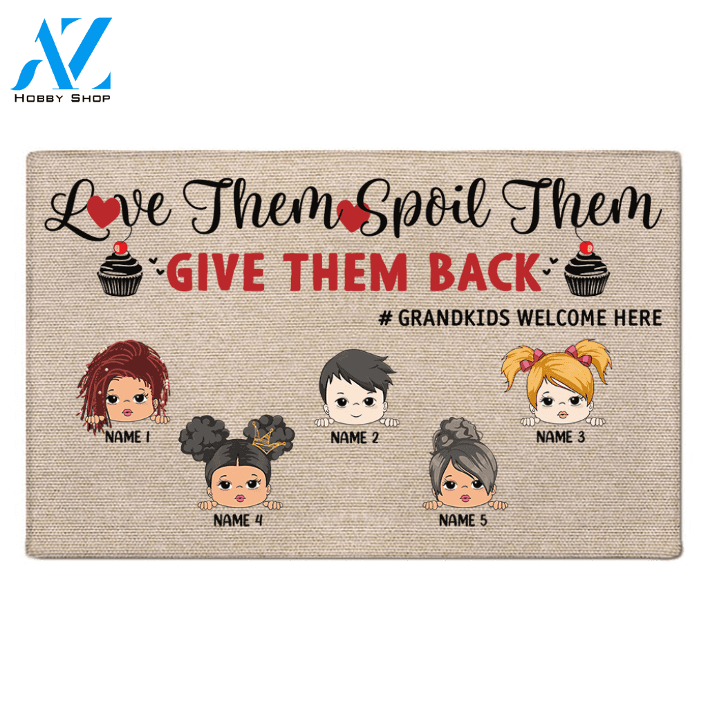 Love Them Spoil Them Give Them Back Personalized Doormat For Grandparents, Hashtag and Grandkid's Hair, Skin Can Be Changed - LOQN HN98