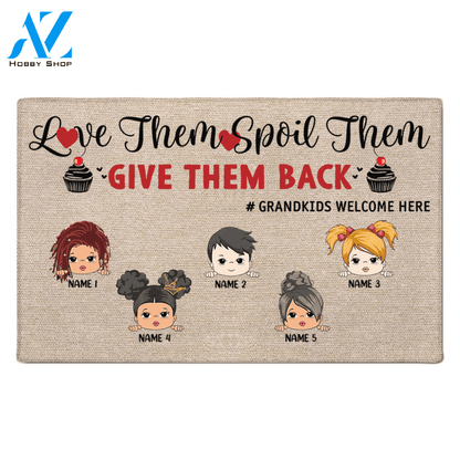 Love Them Spoil Them Give Them Back Personalized Doormat For Grandparents, Hashtag and Grandkid's Hair, Skin Can Be Changed - LOQN HN98