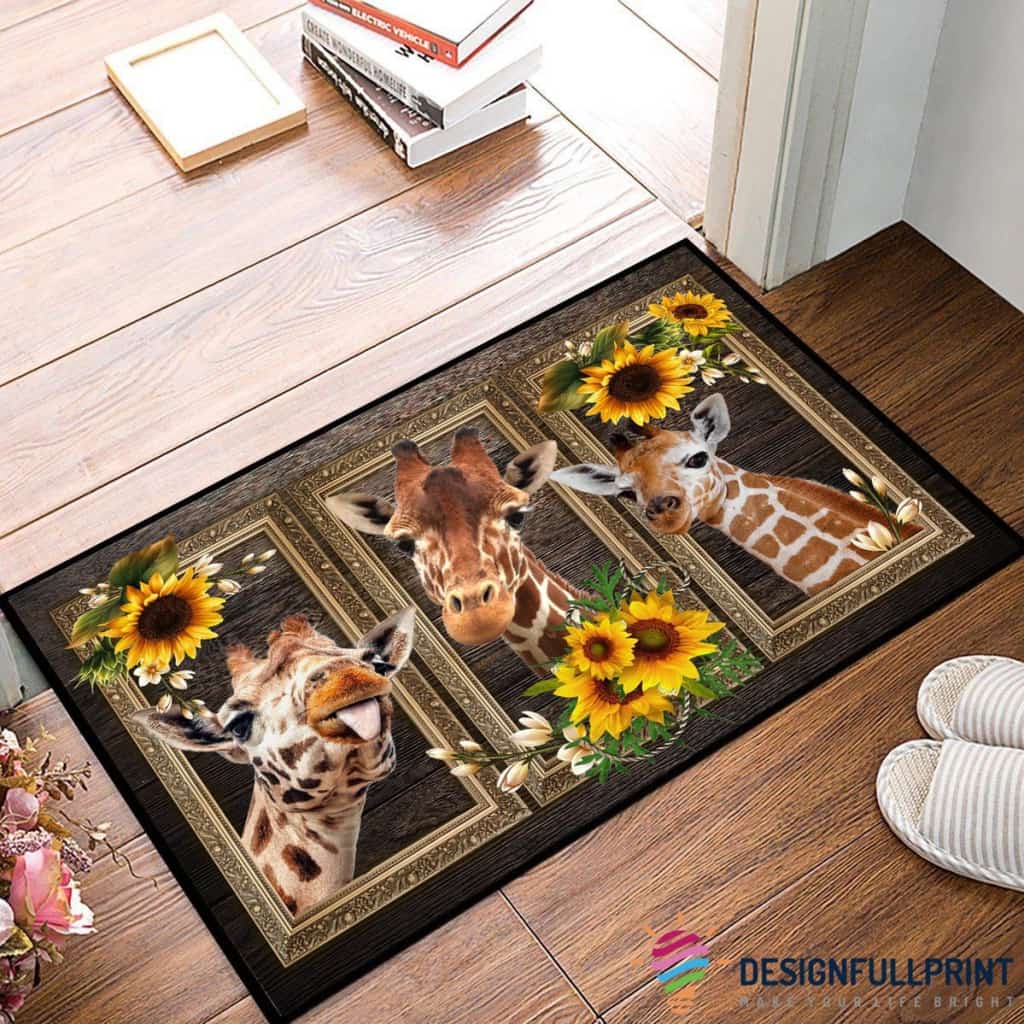 Lovely Giraffe Cute Smile Sunflower Welcome To My Area Non-Slip Rubber Backing Doormat NHD