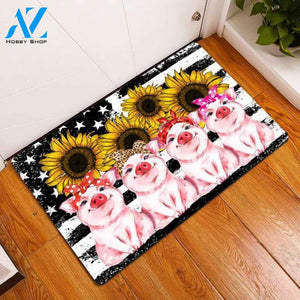 Lovely Pig Wear Sunflower Doormat, Cute Pig Door Mat, American Flag Doormat, Best Pig Rug Gift, Funny Animal Mat Home, Housewarming Mat Gift