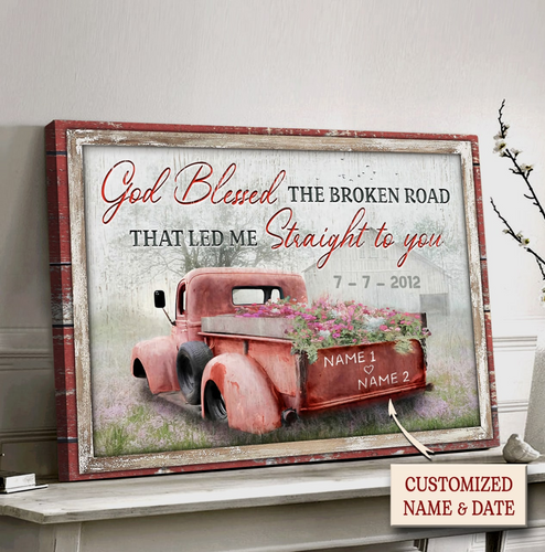 Personalized Red Truck Couple God Blessed The Broken Road - Matte Canvas