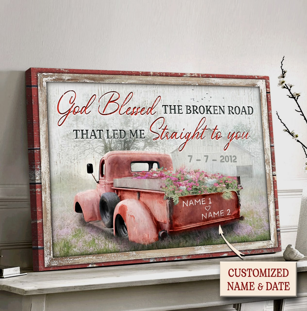 Personalized Red Truck Couple God Blessed The Broken Road - Matte Canvas