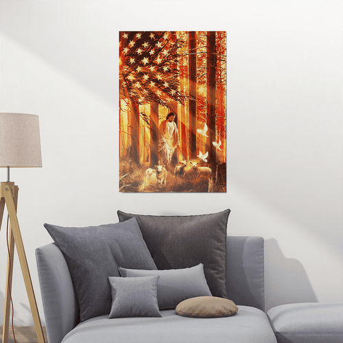 Jesus walking with the lambs American flag - Matte Canvas