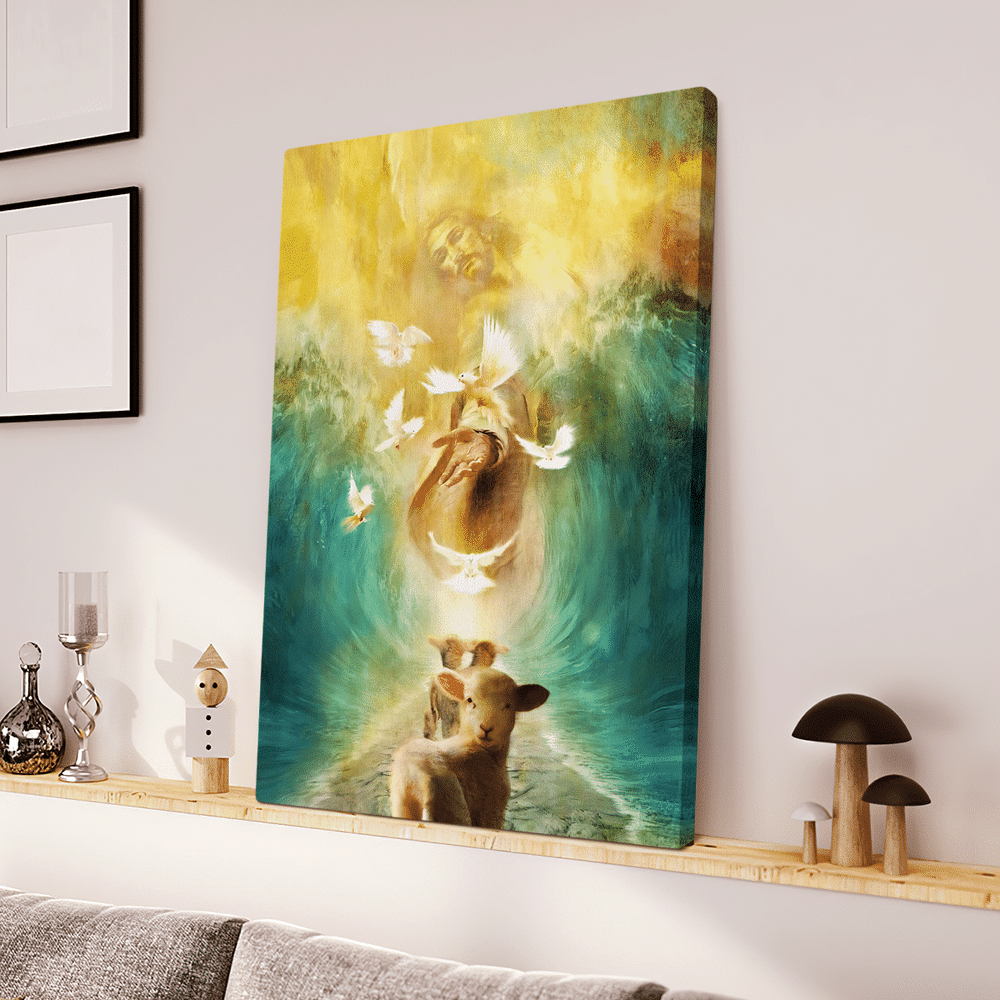 Jesus the lamp and the dove walking through the water with the waves - Matte Canvas