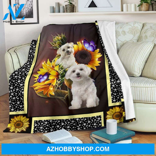 Maltese Dark Sunflower Photo Blanket Unique Gifts