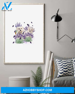Maltese with lavender flower poster