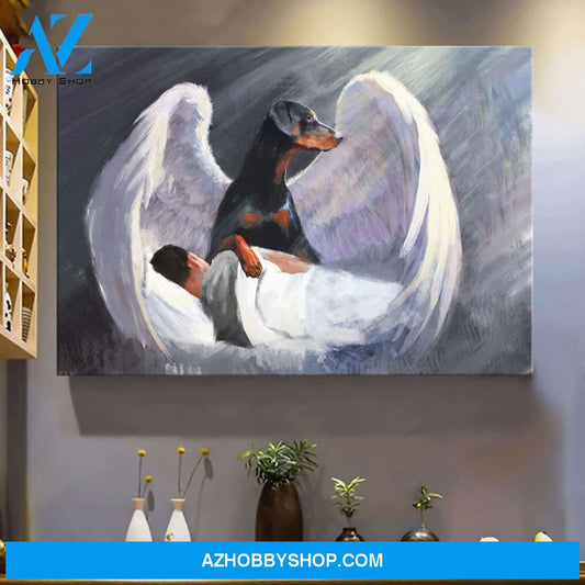 Man and Doberman with beautiful wings 2 Doberman Landscape Canvas Prints - Wall Art
