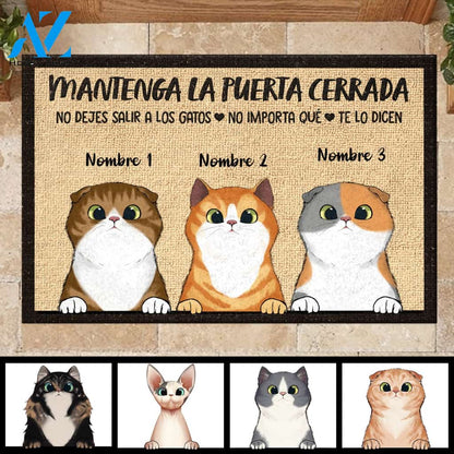 Mantenga La Puerta Cerrada Spanish - Funny Personalized Cat Doormat (WT) 