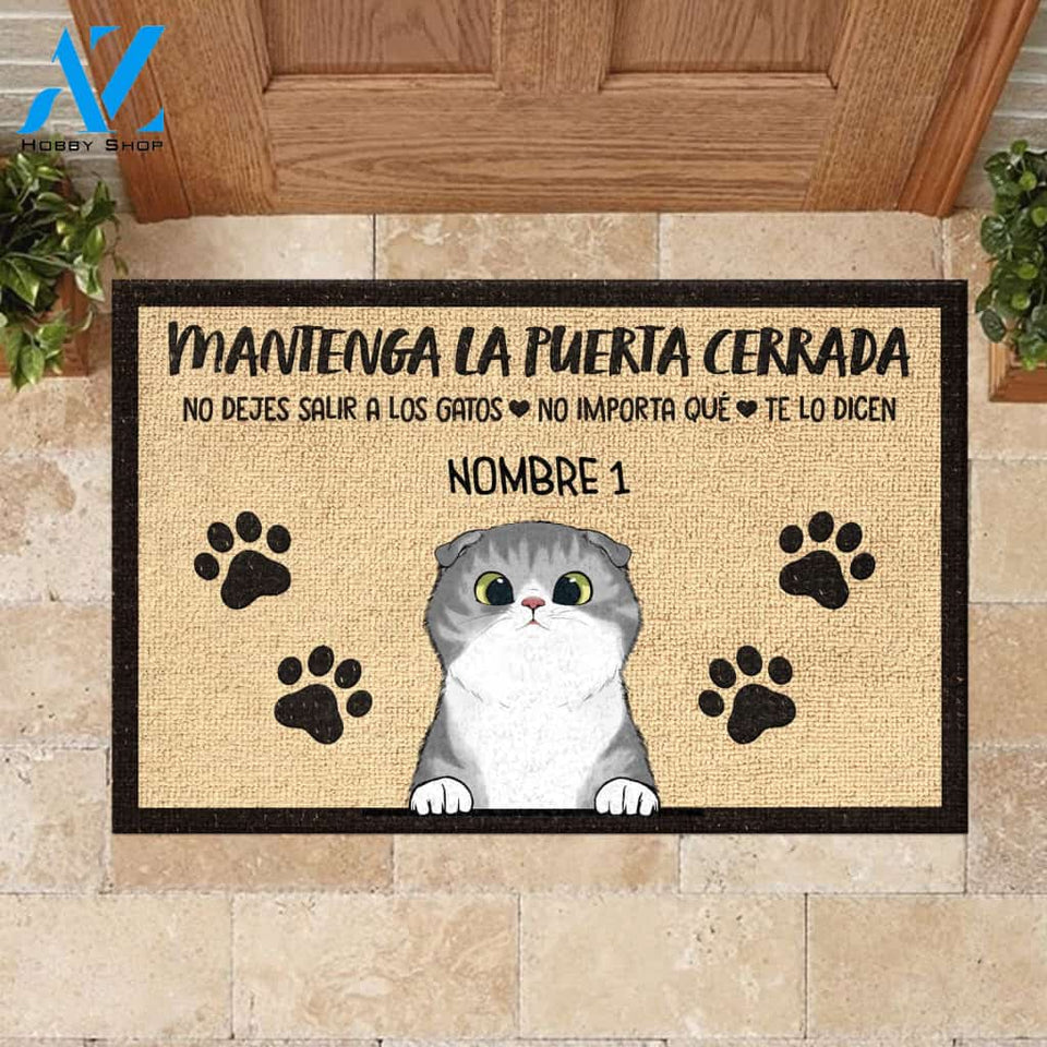 Mantenga La Puerta Cerrada Spanish - Funny Personalized Cat Doormat (WT) | WELCOME MAT | HOUSE WARMING GIFT