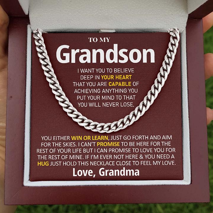 Grandson Necklace You Will Never Lose, You Either Win Or Learn Love, Grandma Cuban Link Chain Necklace