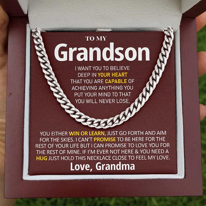 Grandson Necklace You Will Never Lose, You Either Win Or Learn Love, Grandma Cuban Link Chain Necklace