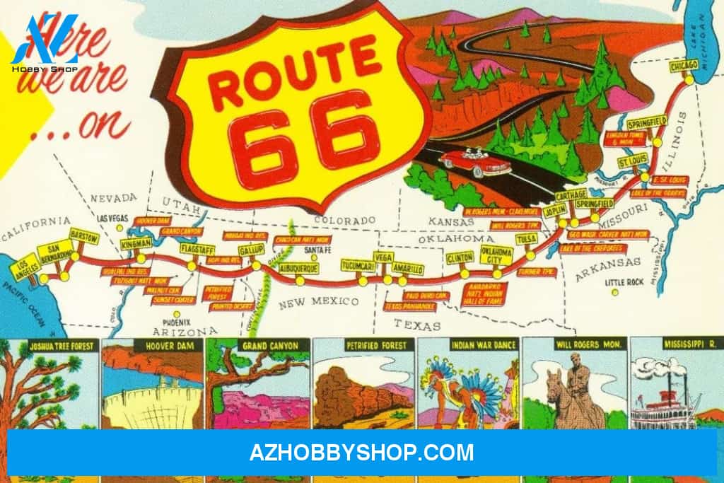 Map Of Route 66 From Los Angeles To Chicago Vintage Advertisement