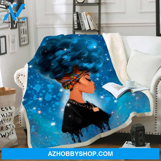 Melanin Blanket Black Women Art Fleece Blanket Blue Curly Headwrap Fleece Blanket